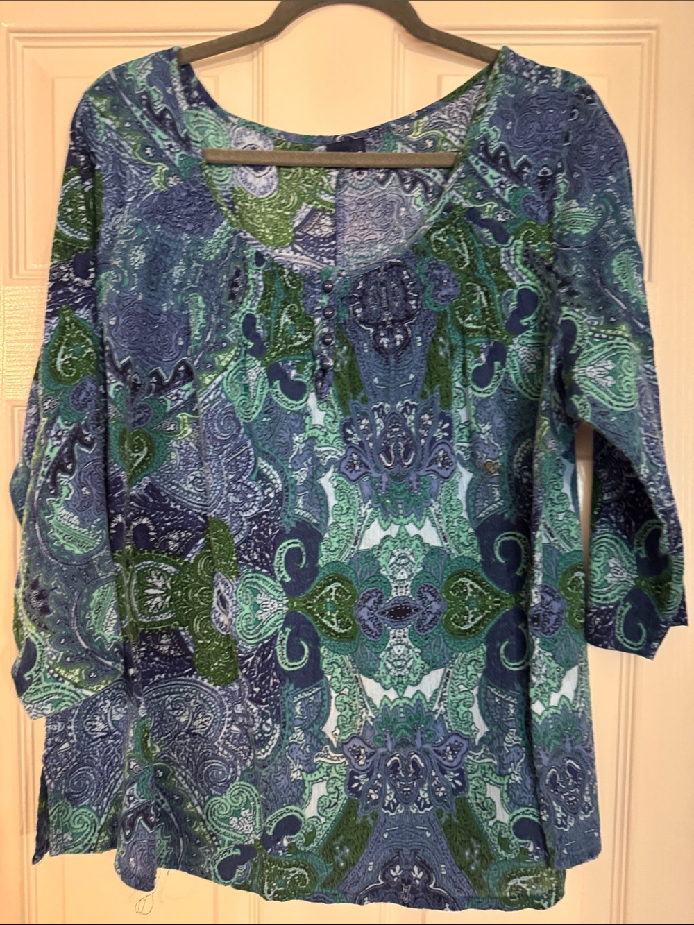 Basic Editions Blue Green Paisley Scoop Neck Tunic with Button Trim